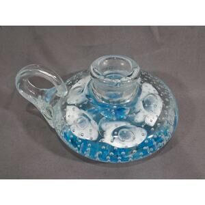 Joe St. Clair art glass candle holder aqua blue flowers paperweight vintage